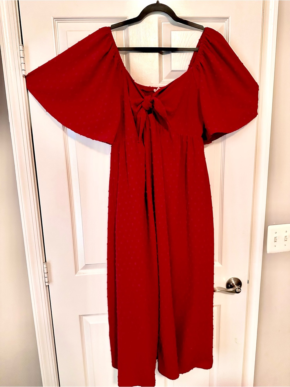 PinkBlush Burgundy Textured Dot Front Tie Ruffle Sleeve Maternity Midi Dress